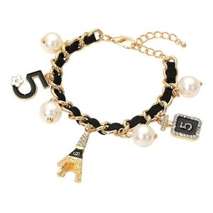Gold Black & Pearl Charm Bracelet with Eiffel Tower and Number 5 Charms